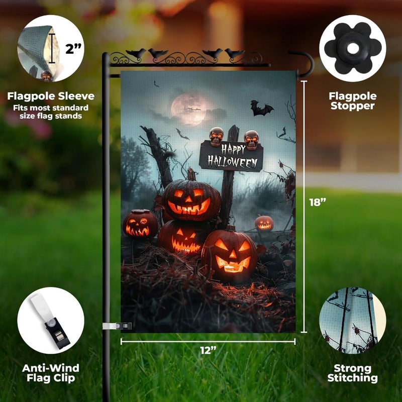 KarvePro Happy Halloween Garden Flag 12x18 – Double Sided Burlap Fall Outdoor Flag with Jack-o'-Lanterns, Skulls, Bats & Graveyard Scene - Image 3